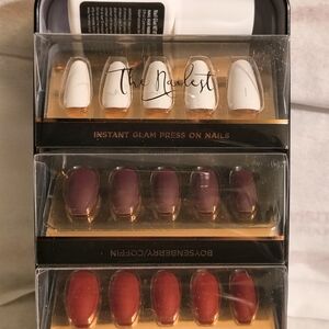 Instant Glam Press-On Nails - White, Burgundy, Red